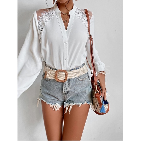 Lace Mesh Embroidery Detail White Button Up Shirt Blouse Long Bishop Sleeve - Picture 4 of 9